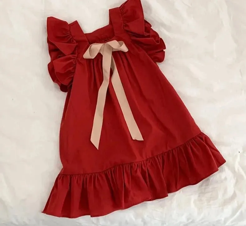 Ruffled Bowknot A Line Dress for Girls in Red & Green