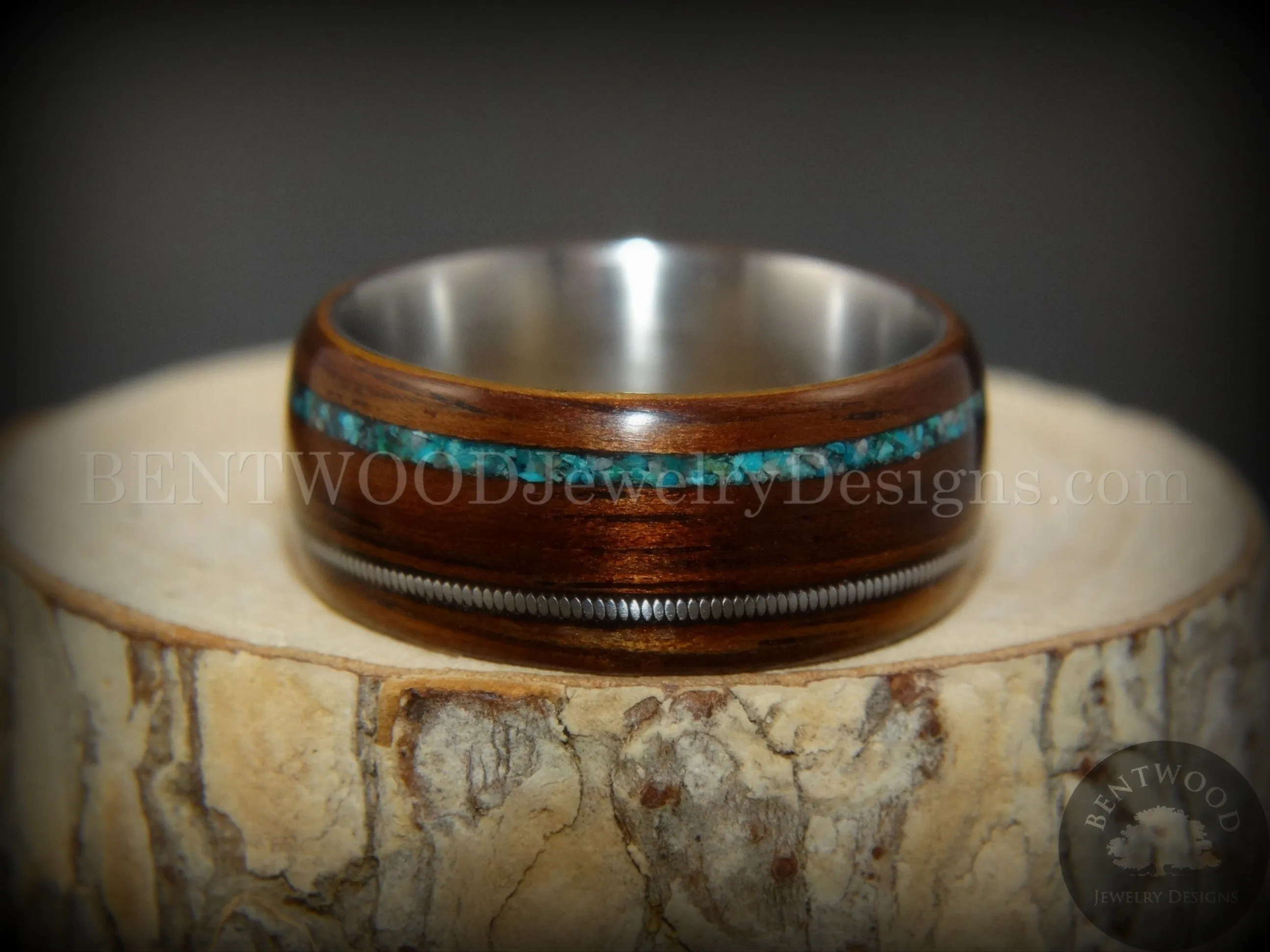 Tazzy Bentwood Ring - “I  Humphrey” Koa Bentwood on Steel Core Turquoise Mix and Guitar String Inlay