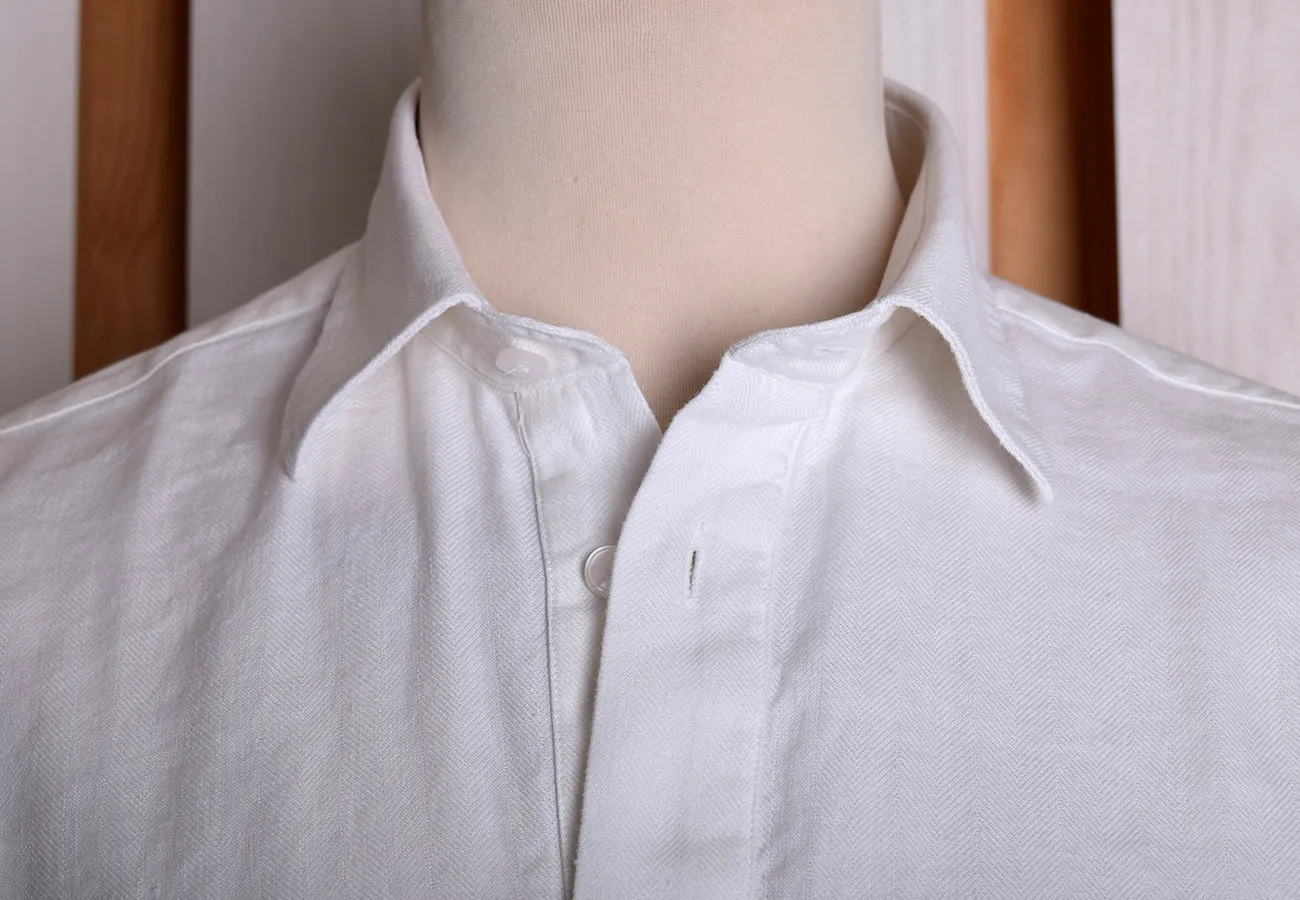 White Linen / Cotton Herringbone Shirt With Pocket - Classic Collar or Collarless (SH2211PA)