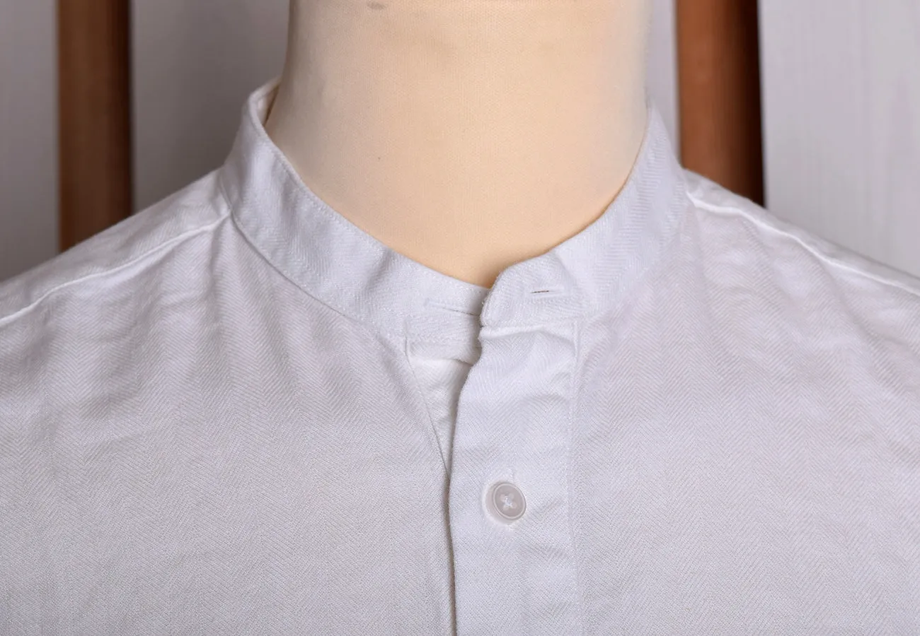 White Linen / Cotton Herringbone Shirt With Pocket - Classic Collar or Collarless (SH2211PA)