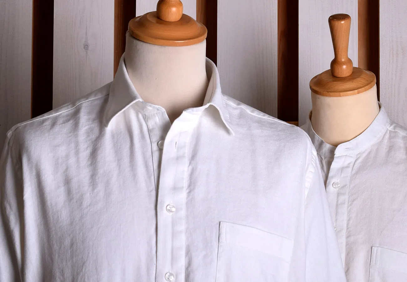 White Linen / Cotton Herringbone Shirt With Pocket - Classic Collar or Collarless (SH2211PA)