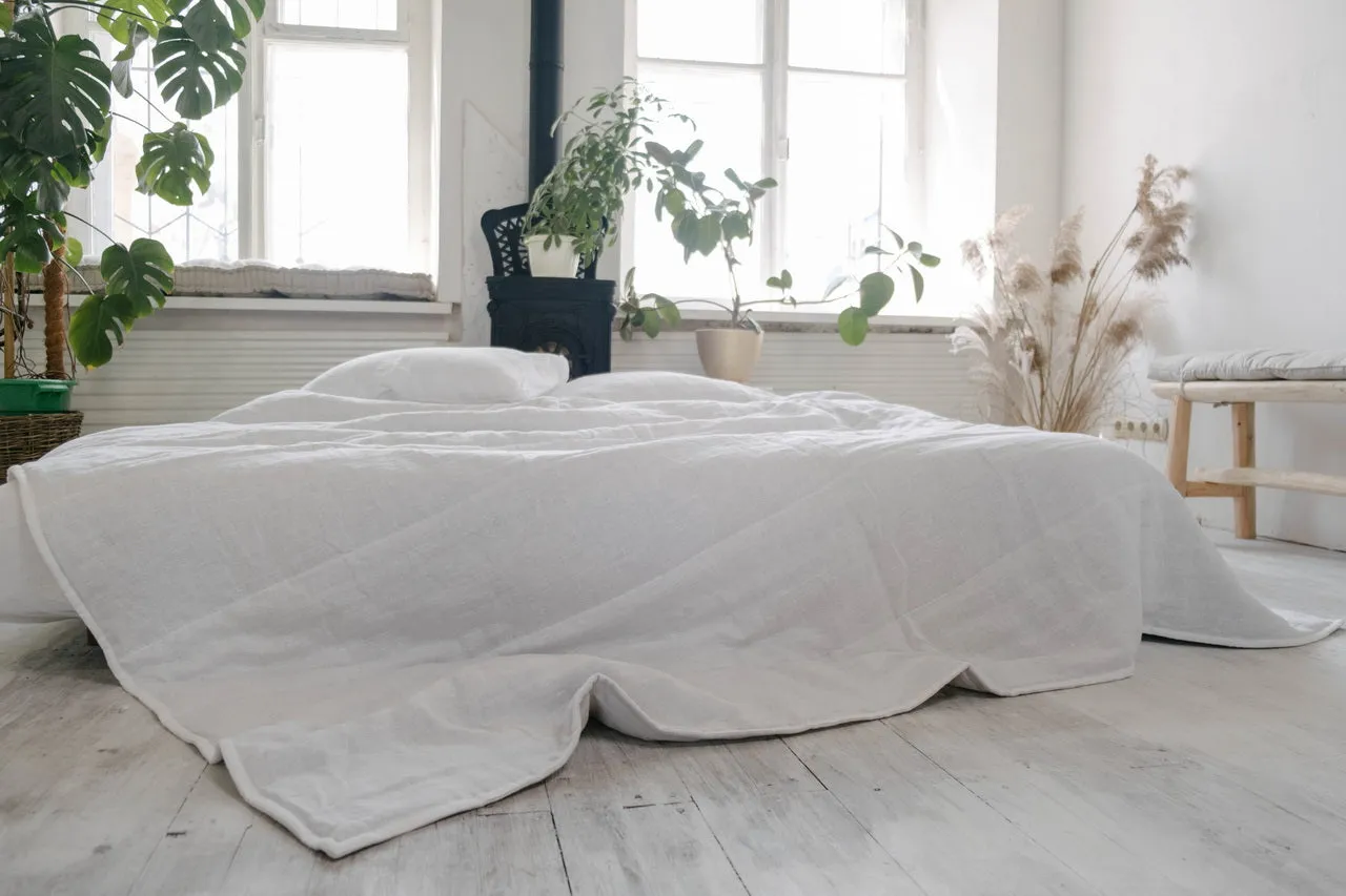 White Natural HEMP Linen blanket quilt in stripe- linen organic fabric   filler organic Hemp fiber - Full Queen King custom sizes