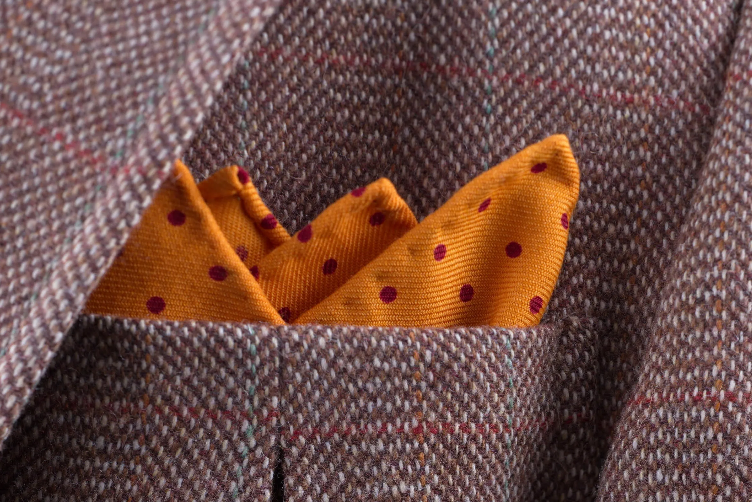 Yellow & Burgundy Polka Dot Wool Challis Pocket Square