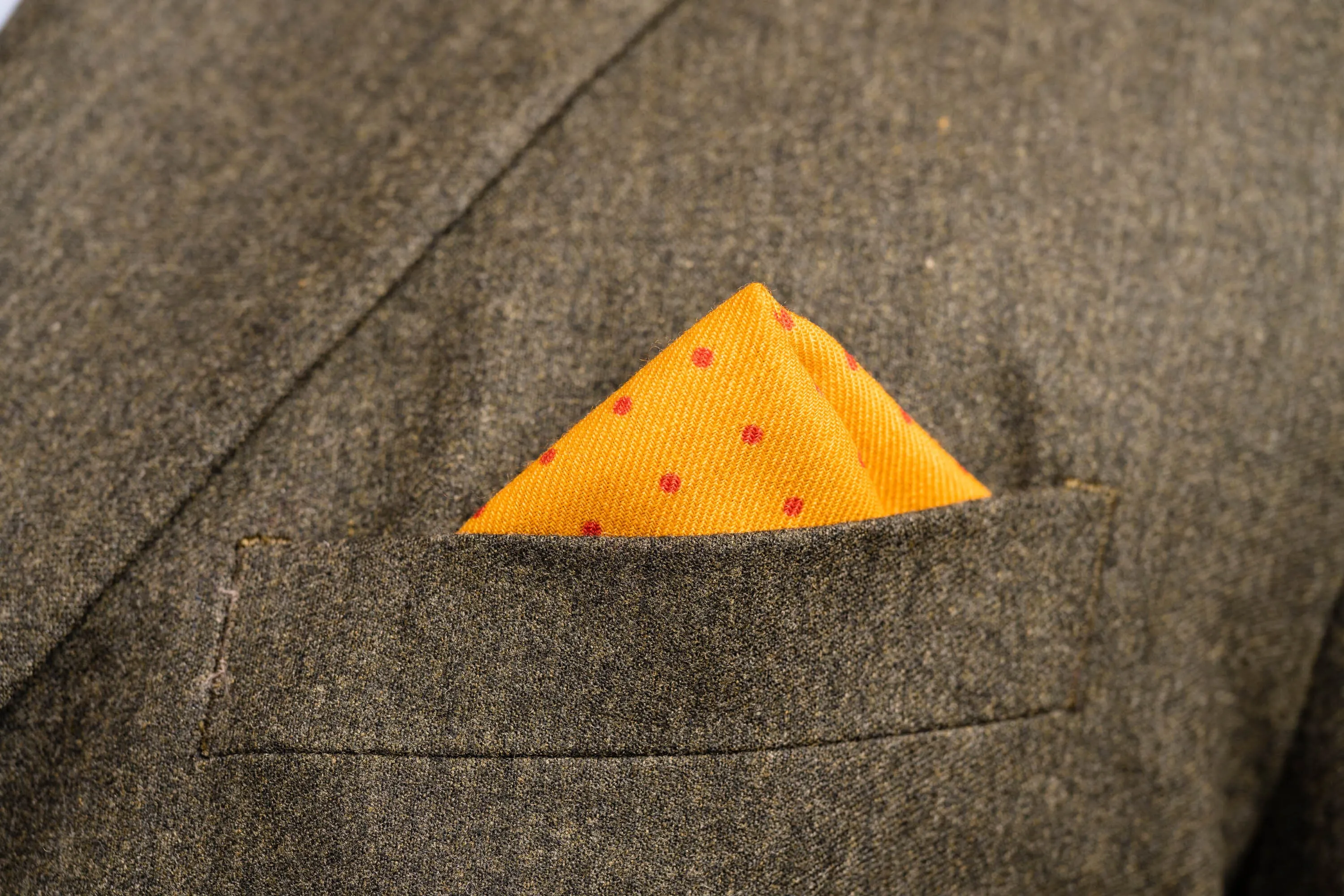 Yellow & Burgundy Polka Dot Wool Challis Pocket Square