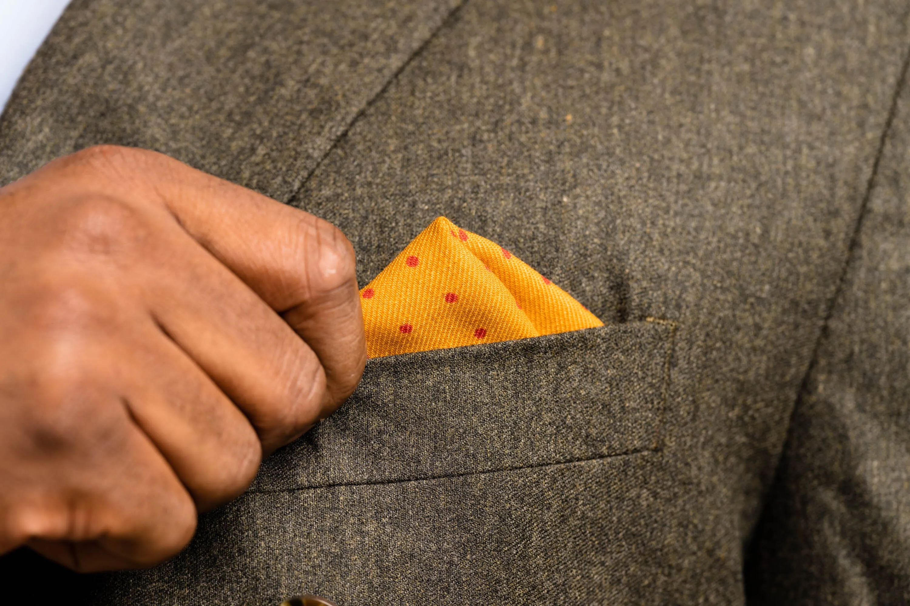 Yellow & Burgundy Polka Dot Wool Challis Pocket Square