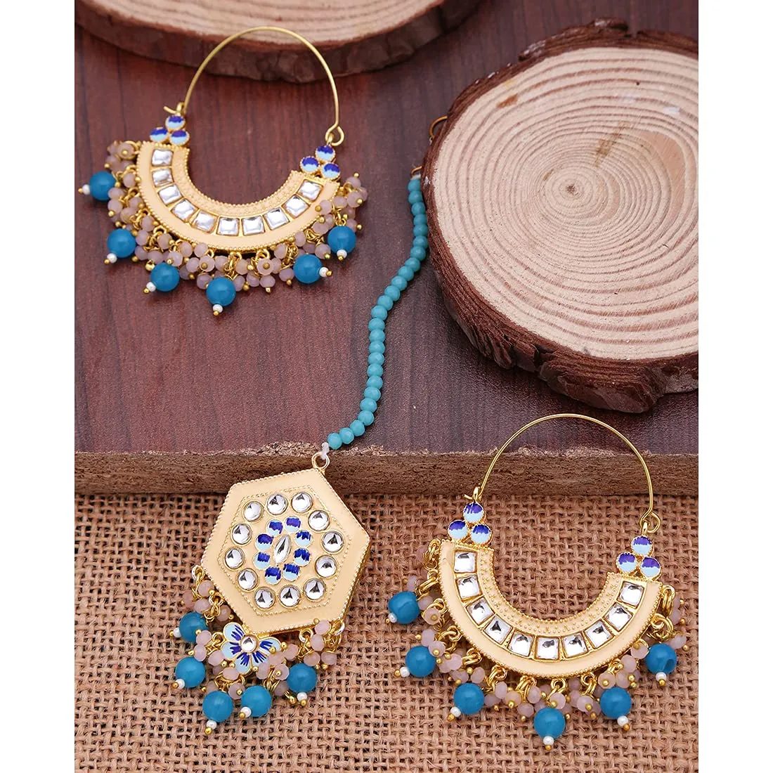 Yellow Chimes Kundan Jewellery Set for Women Gold Plated Kundan Earrings Set Pearls Chandbali Earrings With Maangtikka Set for Women and Girls.