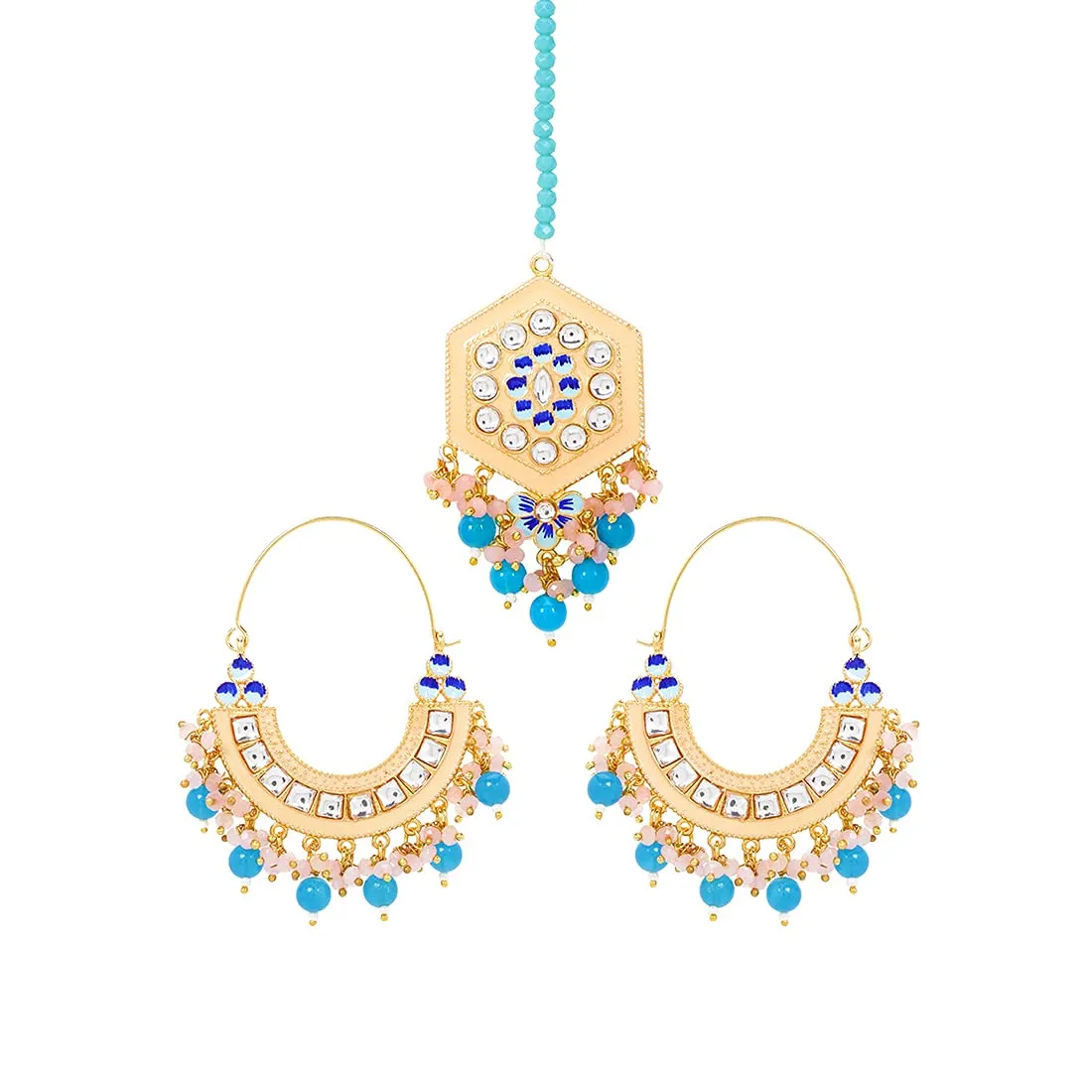 Yellow Chimes Kundan Jewellery Set for Women Gold Plated Kundan Earrings Set Pearls Chandbali Earrings With Maangtikka Set for Women and Girls.