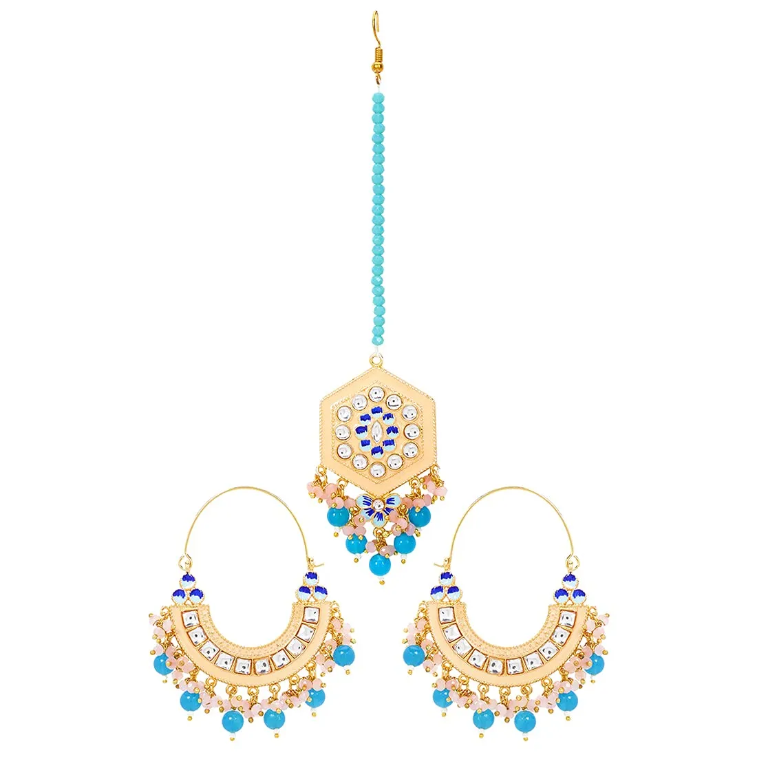 Yellow Chimes Kundan Jewellery Set for Women Gold Plated Kundan Earrings Set Pearls Chandbali Earrings With Maangtikka Set for Women and Girls.